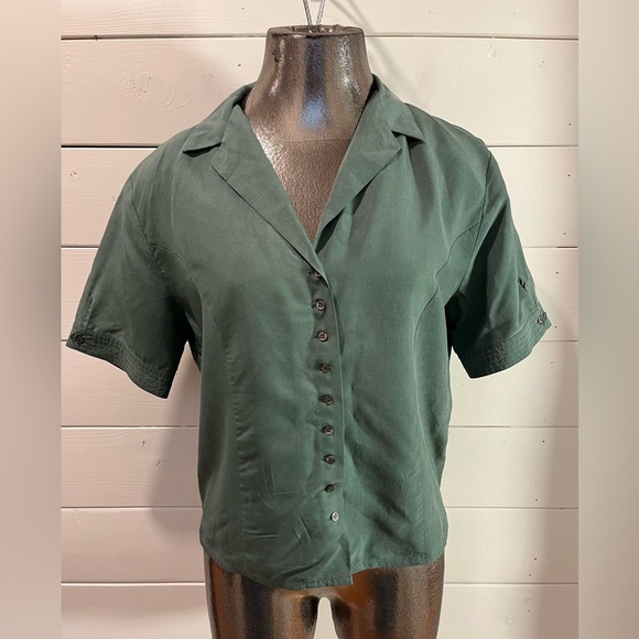 💚 JACOB – Green -Vintage 100% Silk Blouse with Shoulder Pads – Size M - Picture 6 of 11